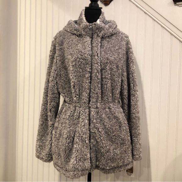 SANTA FE APPAREL Women’s Grey Full Zip 3/4 Length Hooded Sherpa Teddy Jacket XXL - Picture 1 of 13